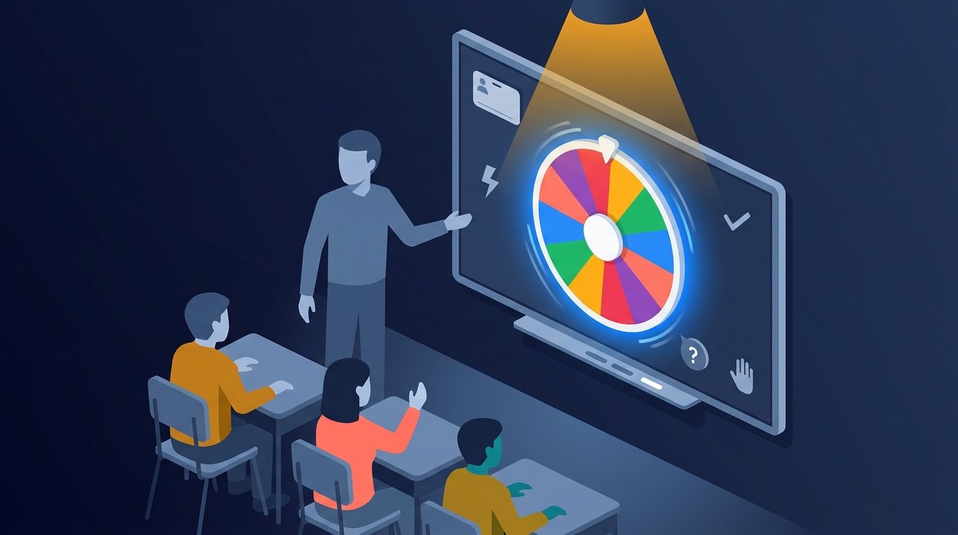 Teacher using a classroom random name picker on a smartboard to fairly select a student