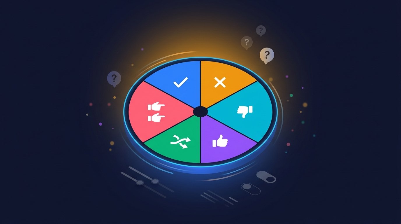 Decision wheel showing yes, no, this, that, pros, and cons slices in different colors