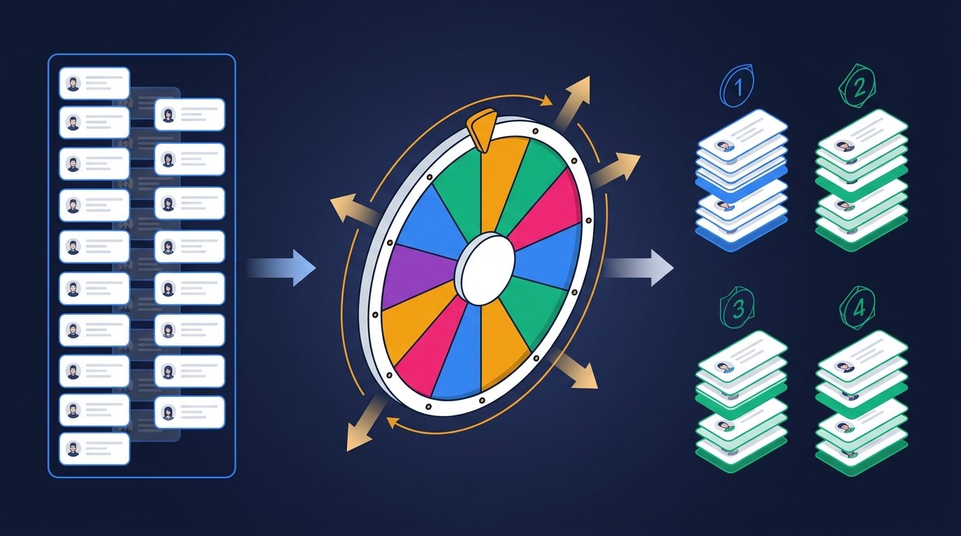 Diagram showing a wheel spinner splitting a list of names into four random fair groups