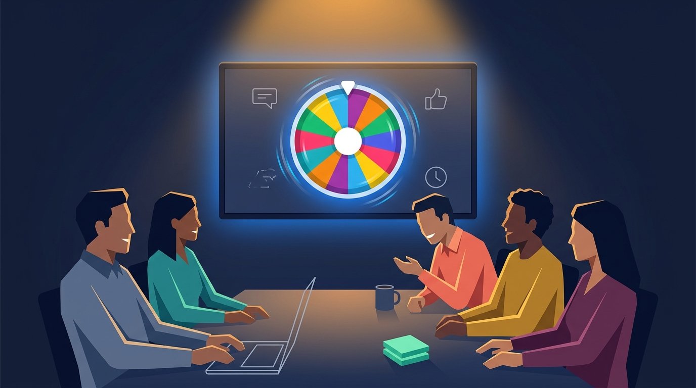 Team meeting with an icebreaker wheel projected on screen and colleagues participating