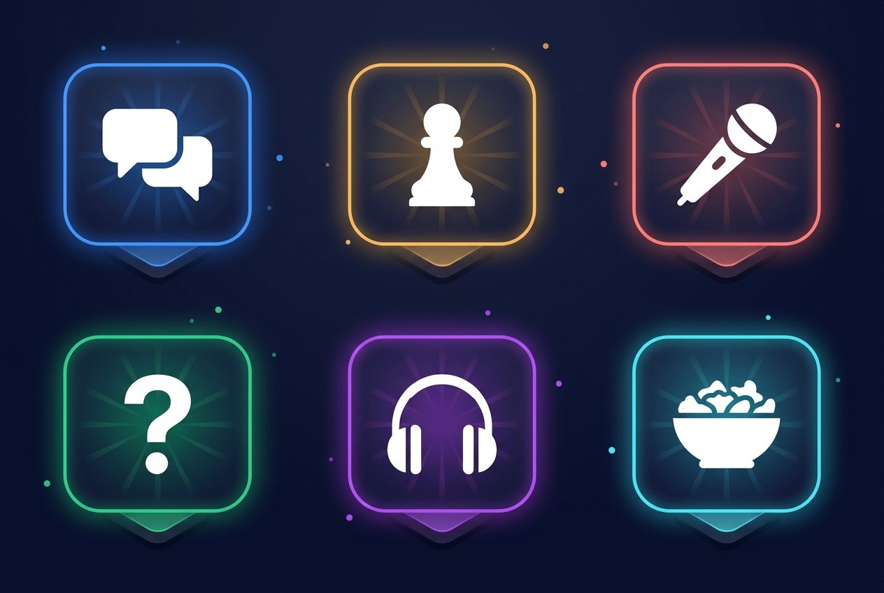Grid of party game icons including Truth or Dare, board game forfeit, karaoke, trivia, DJ battle, and snack roulette