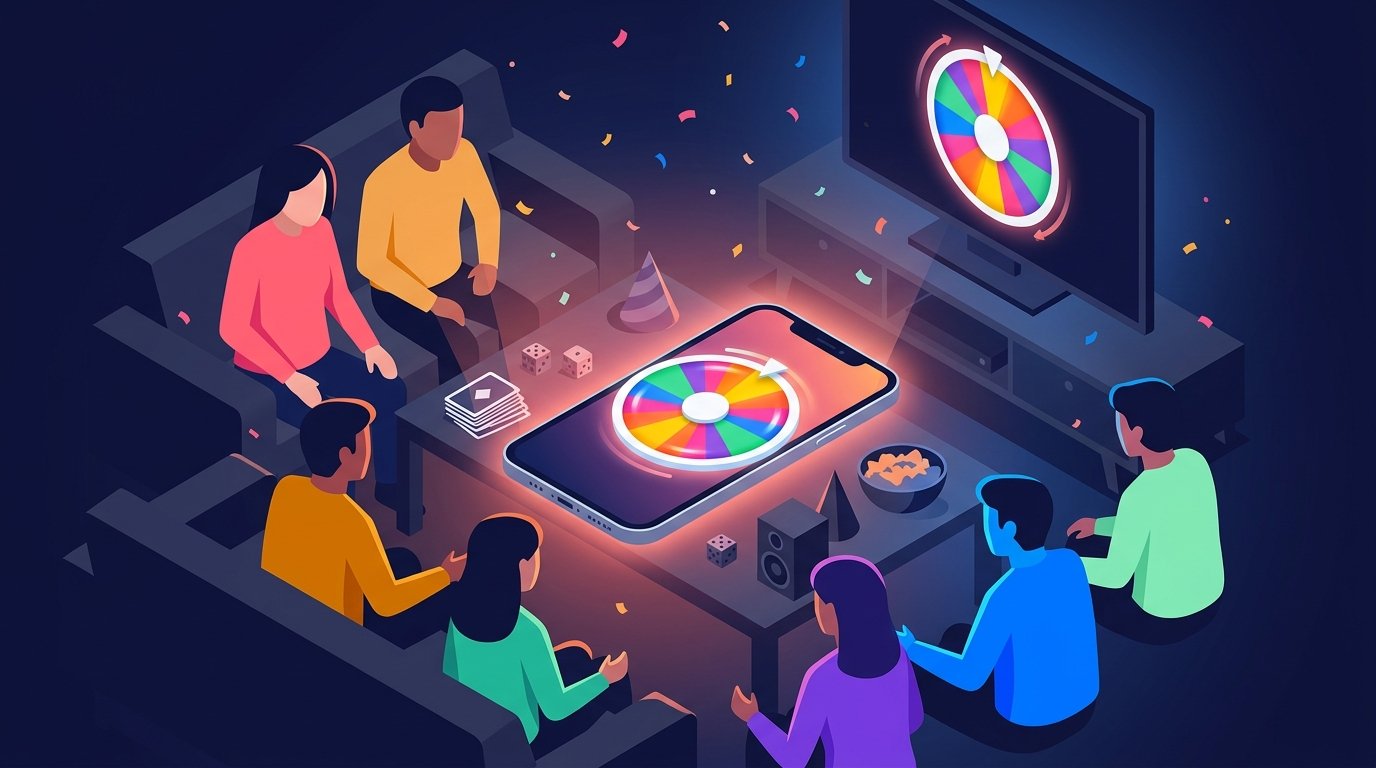 Party spin wheel with colorful slices, confetti, and party game icons on a dark navy background