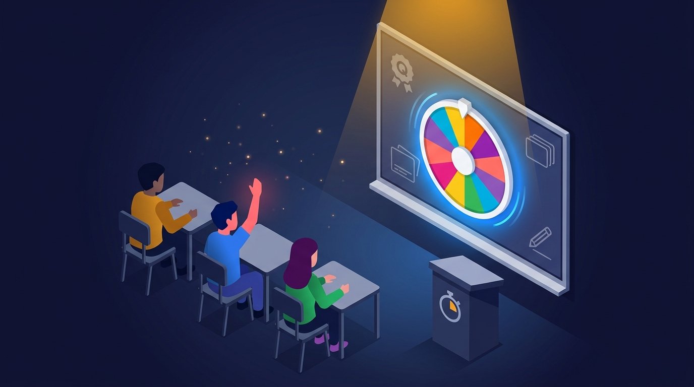 Classroom test review game with a wheel spinner projected on a smartboard and students raising hands