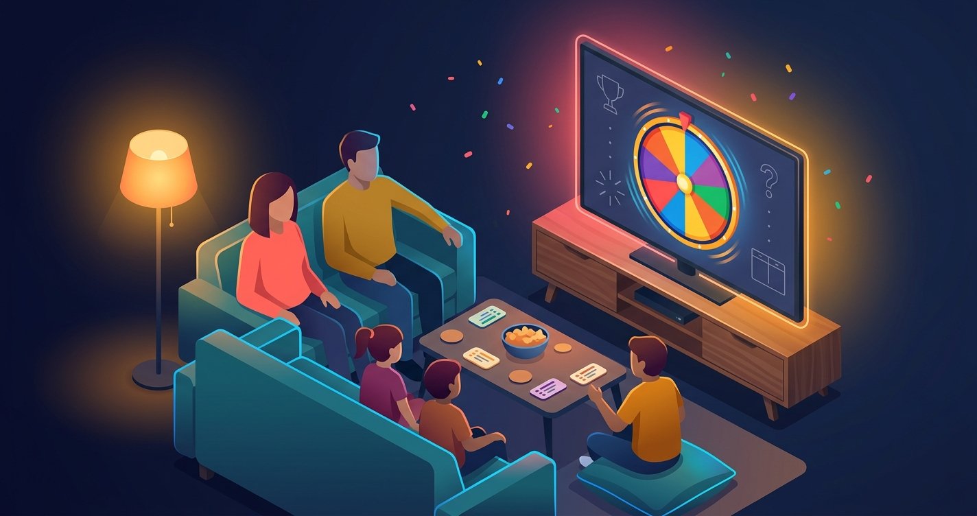 Family hosting a trivia night with a colorful wheel spinner displayed on the living room TV