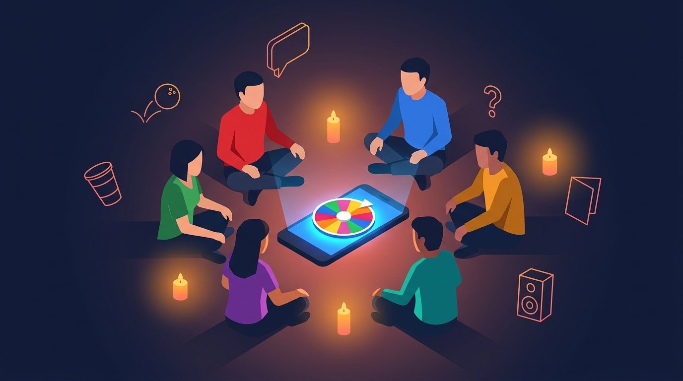 Friends sitting in a circle playing truth or dare with a phone showing a colorful wheel spinner