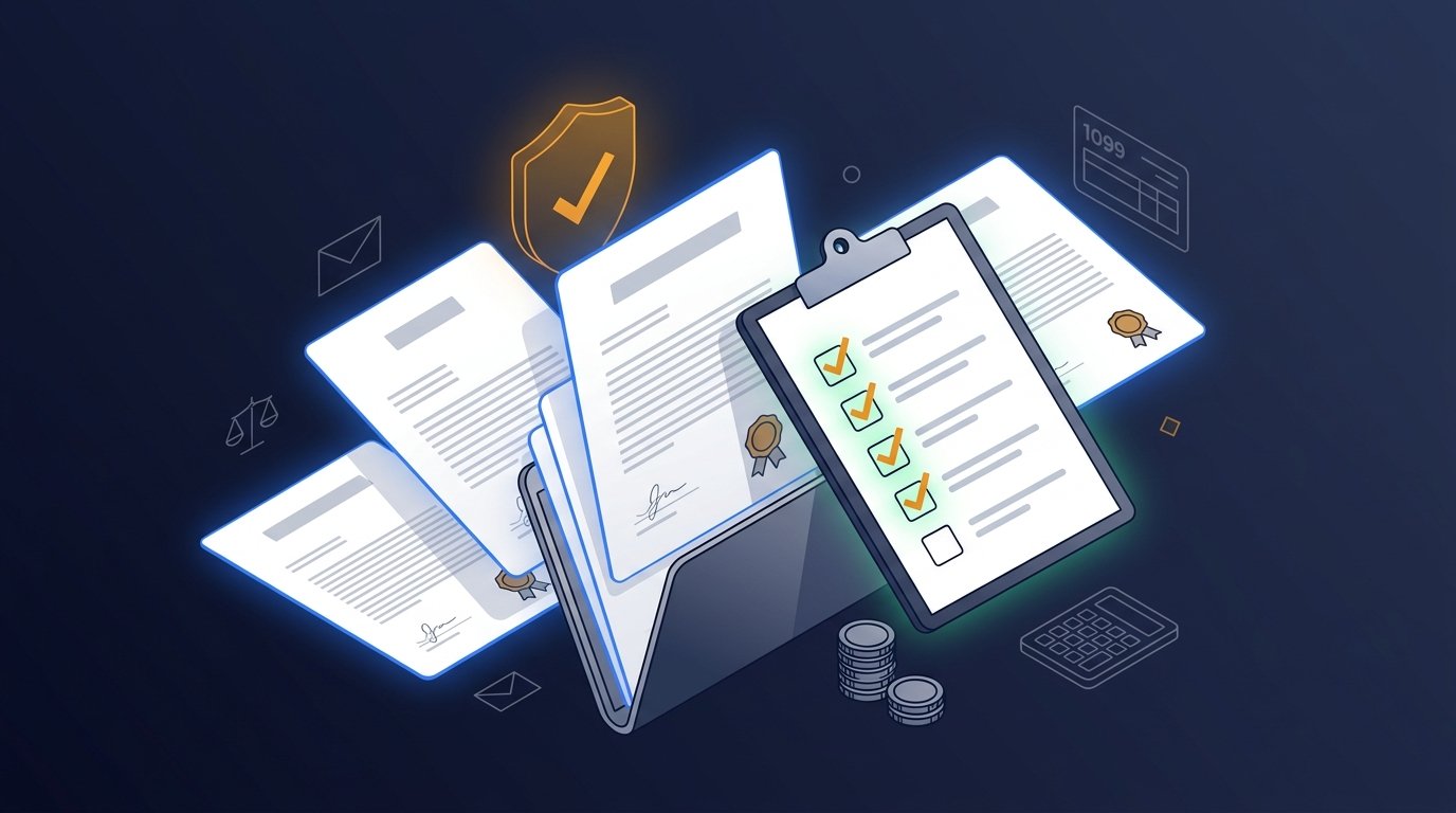 Streamer reviewing giveaway terms with legal and tax documents displayed on screen