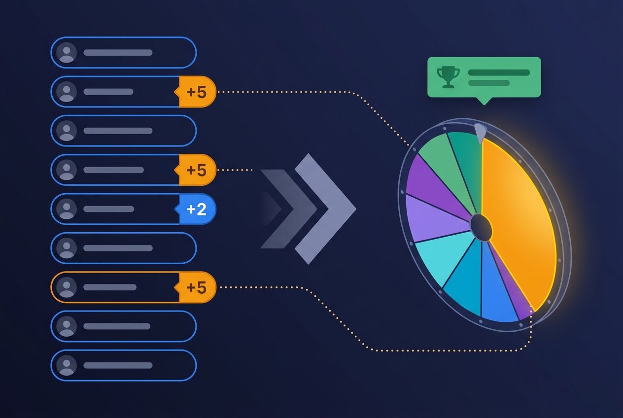 Diagram showing weighted entries turning into a spin wheel with a highlighted winner card