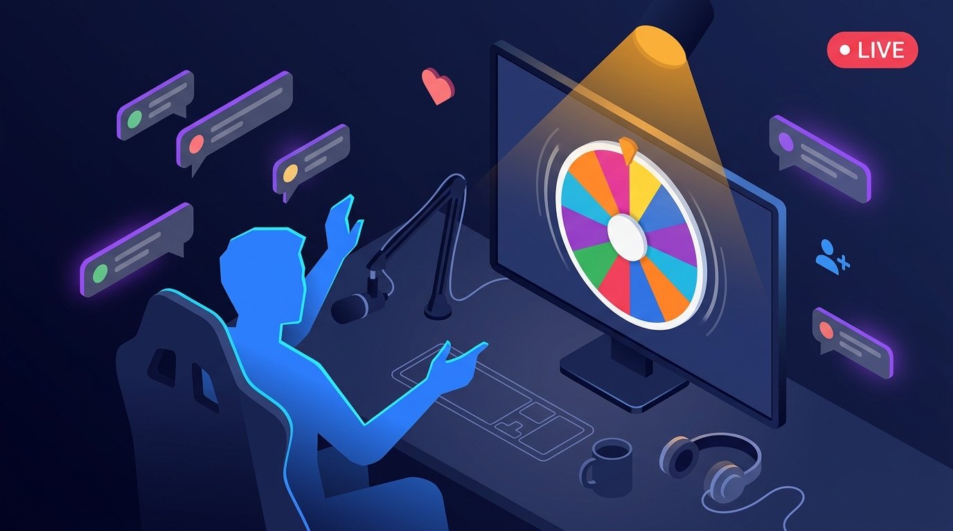 Live streamer running a viewer giveaway wheel with stream overlay elements on a dark navy background