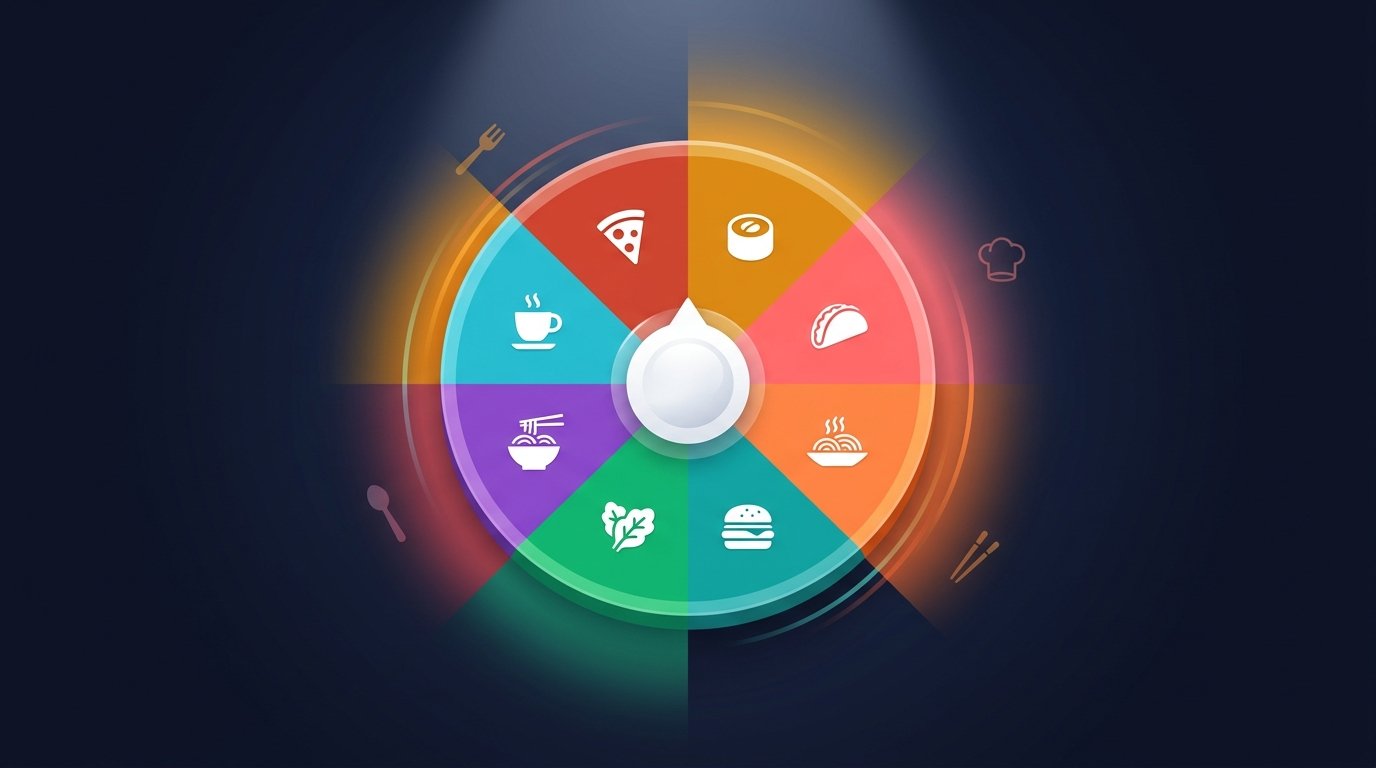 Food wheel spinner showing pizza, sushi, tacos, pasta, and other cuisine slices
